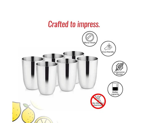 Premium Stainless Steel Glasses 6 Pcs Glass Set High Quality Metal BPA Free - 300 ml Each Multipurpose Uses Silver Colour six