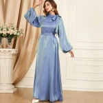 Pure color  O neck with bow tie shinny fabric lantern sleeve floor length muslim long modest dresses for fashion ladies