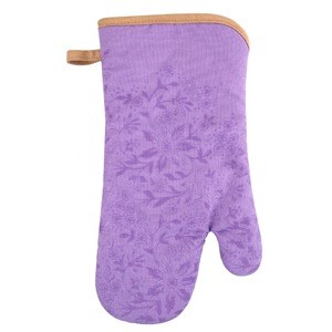 Purple color Solid color Kitchen Cooking Heat Resistant Microwave Glove Check hemp silicone Printed Cotton Oven Mitts