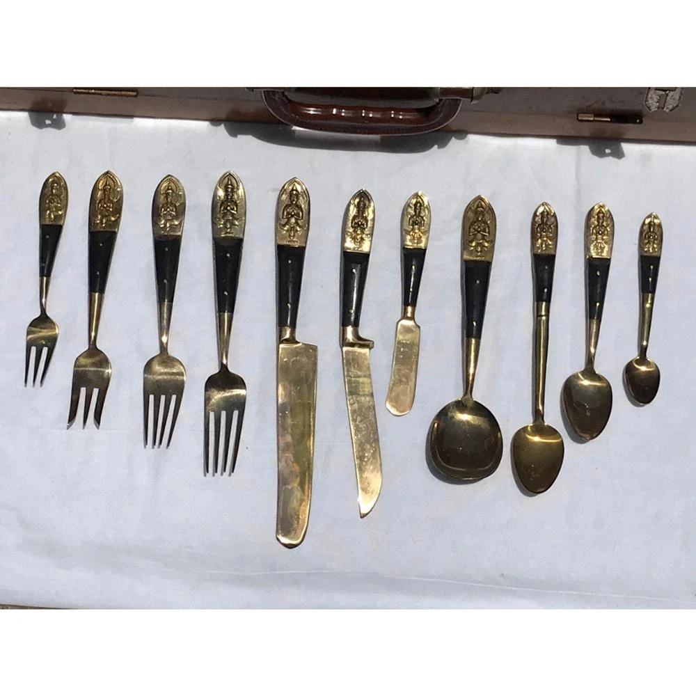 Rosewood &amp; Brass Siam Flatware Boxed Set -Service For 12 144-Pieces