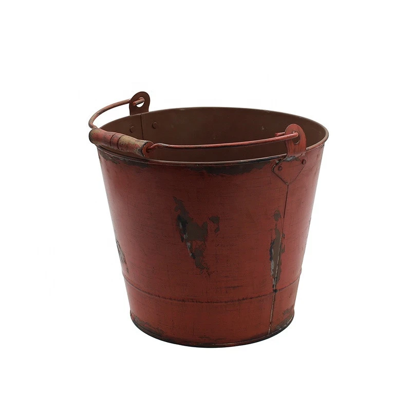 Rustic Galvanized Metal Iron Bucket With Wooden Handle For Garden