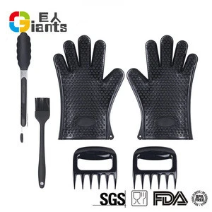 Silicone BBQ /Cooking Gloves and Meat Shredder claws Basting Brush silicone BBQ Food Tongs Set