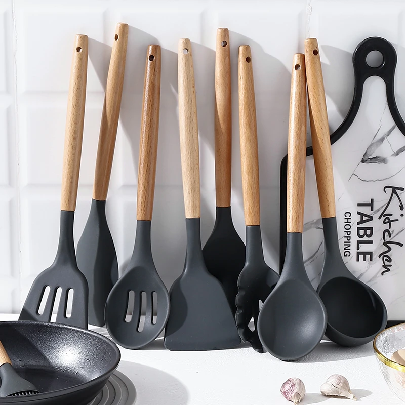 Silicone Kitchen Utensils Cooking Tools  Food Grade Silicone Kitchen Utensils Set With Wood Handle Of 9