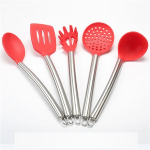 Silicone Spatula Utensil Kitchen 5 Pieces With Spaghetti Pasta Server, Slotted Turner, Serving Spoon, Deep Ladle
