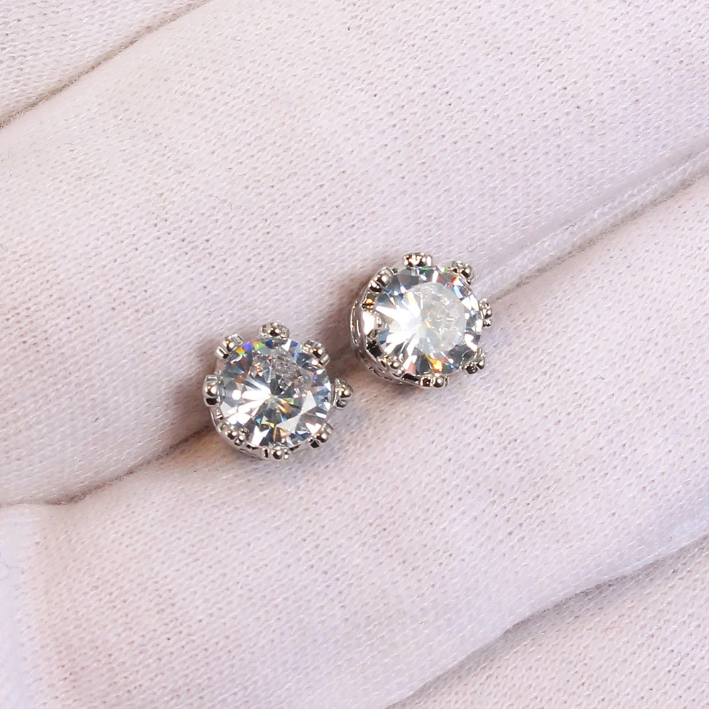 Silver Plated Crystal CZ Stud Earrings Wedding Round Shape Diamond Zirconia Studs Earrings