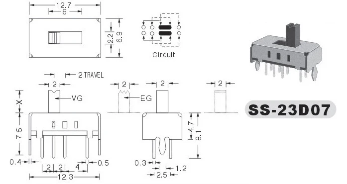 SS-23D07 8 PCB Terminal 2P3T 8 pin mini slide switch
