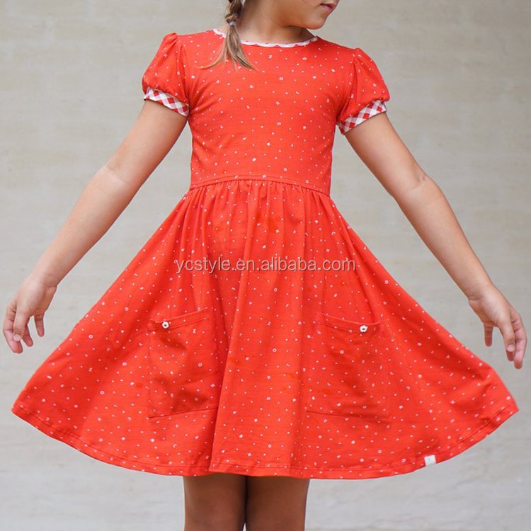 Summercute girl dress, polka dot print and plaid cuff, organic baby dress