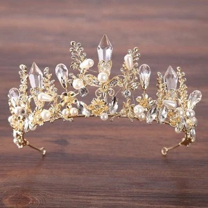 T-43 Bride Accessories Headband Hair Jewelry Gold Princess Wedding Tiaras Baroque Pearl Crystal Tiara