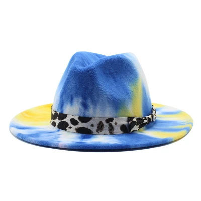 Tie Dye Crop Rainbow Colors Wool Fedora Hats Women And Men Fashion Flat Wide Brim Fedora Felt Hat With Leopard Ribbons Hat Band