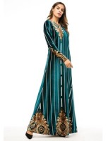velvet vertical stripe flower embroidery muslim dress dubai islamic clothing ladies