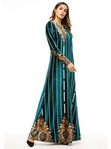 velvet vertical stripe flower embroidery muslim dress dubai islamic clothing ladies