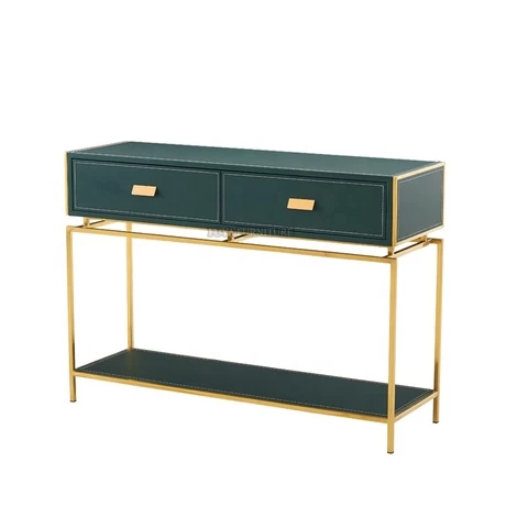vintage Antique Brass Luxury Design Italian Leather Bedroom Chest Console Table with drawer