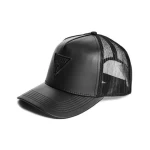 Wholesale Custom 5 Panel Plain High Quality Emboss Logo Black PU Leather Mesh Trucker Baseball Caps Hat