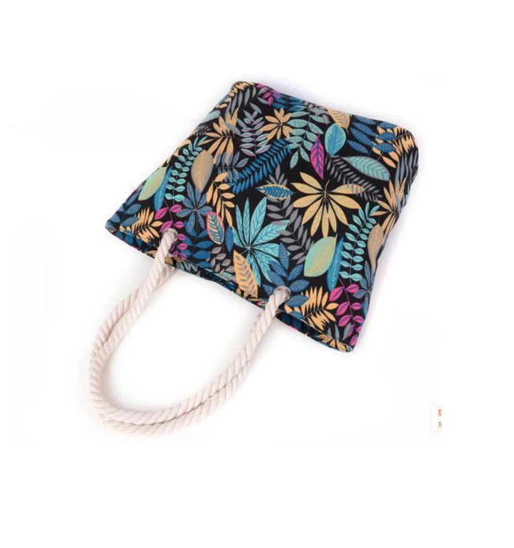 wholesale custom Korean style trend tote bag ladys leisure handbag large capacity leaf printed cotton canvas beach bag