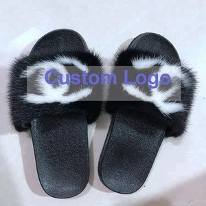 Wholesale Custom Logo New Ladies Plush Mink Hair Flat Sandals Summer Soft Fur Slides Colorful Women Real Mink Fur Slipper