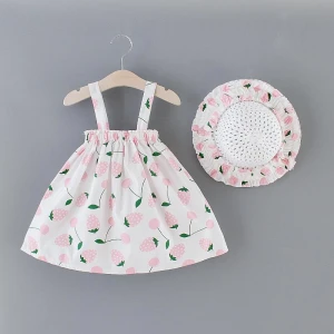 Wholesale Summer Baby Dress Girls Princess Cotton Sleeveless Kids Apparel Hat 2Pcs Girl Dresses
