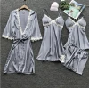 Wholesales Satin Pajamas Set with Bathrobes  4pcs Pajamas Set Night Wear - Robe & & Shorts&Slip Dress Pajamas