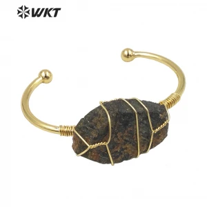 WT-B575 WKT vintage style handmade wire wrapped Raw Stone bangle women fashion gold adjustable raw quartz stone jewelry bangle