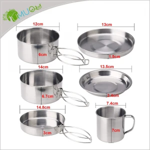 YumuQ 8PCS Portable Stainless Steel Cooking Camping Cookware Sets Mess Kit Equipment Pot and Pan Sets with Carry Bag