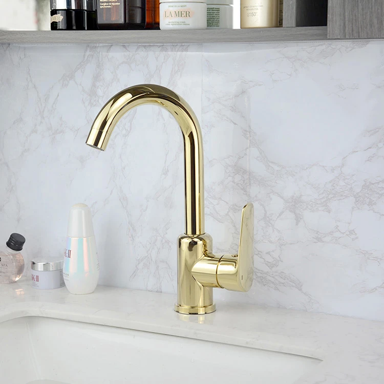 Zinc Alloy Handle and Stainless Steel Body Water Tap Gold Deck Mounted Basin Faucet for Bathroom