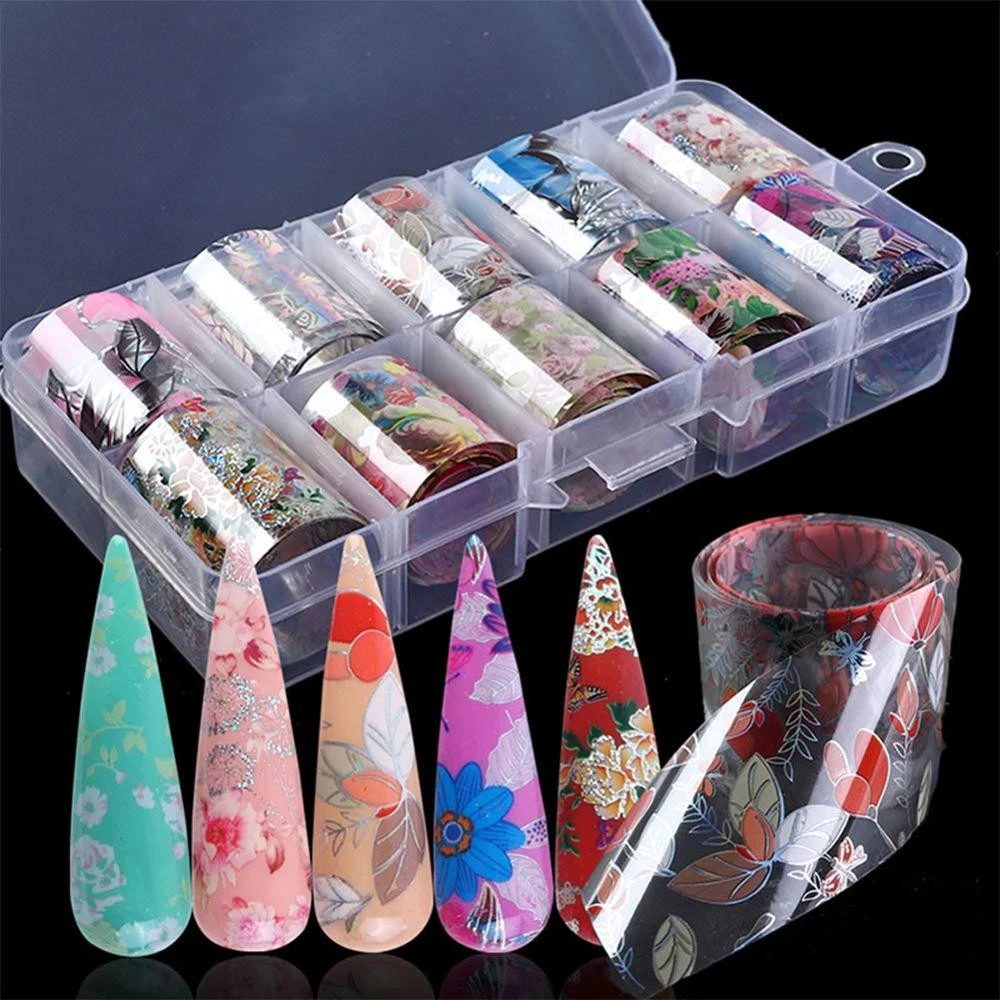 10 Rolls Nail Foil Transfer Stickers Nail Art Supplies Transfer Foil Decals Manicure Tips Wraps-Nail Art DIY Decoration -Fl