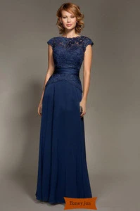2014 Dark blue Scoop Neckline Lace Chiffon Cap Sleeves Mother Of The Bride Dresses Floor-Length Mommy Dresses