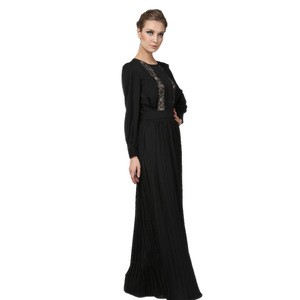 2017 muslim black dress graceful pleated lace evening maxi dress