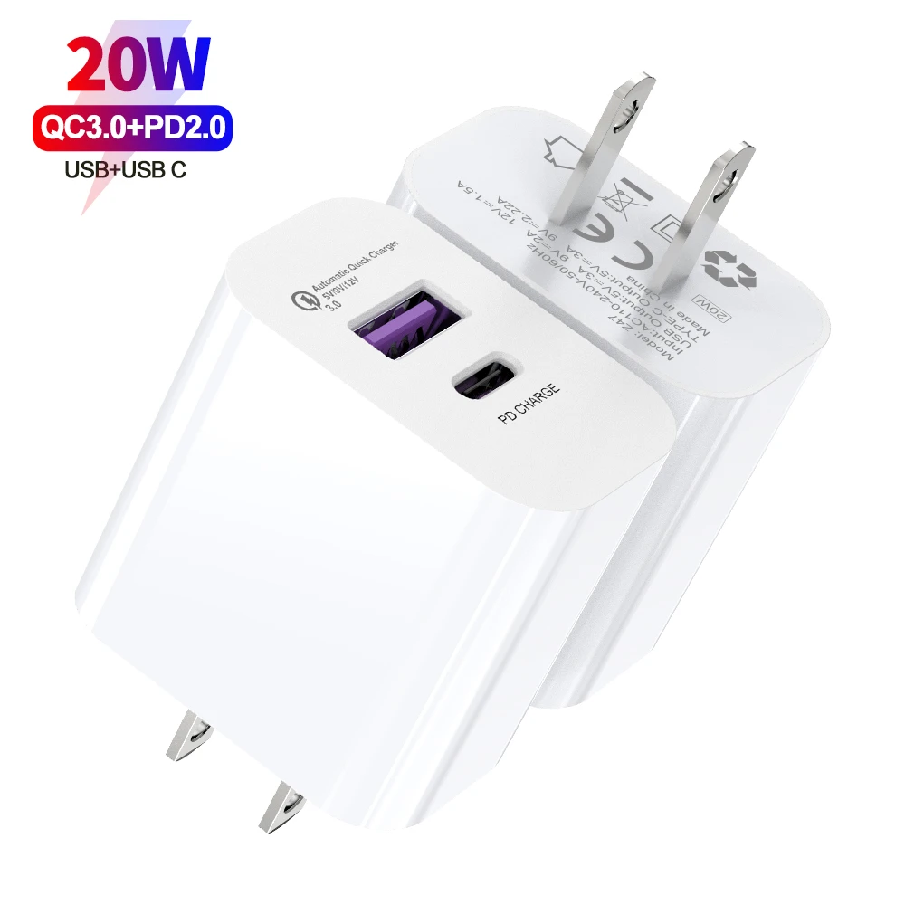 2021 New Trend PD20W Wall Charger QC3.0 USB Charger Adapter 2 Charging Port USB A + USB C support new phone 12