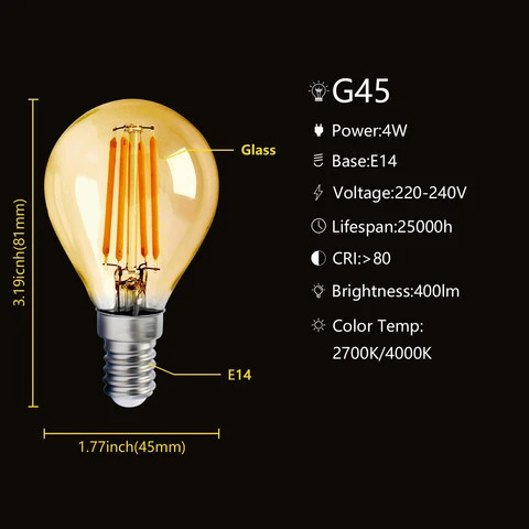 220-240V Super Bright  4W E14 G45 LED glass filament lamp antique Edison LED bulbs Suitable for outdoor balconies