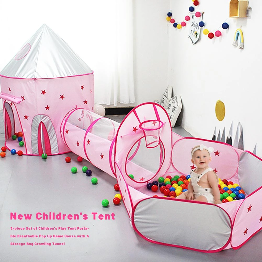 3-piece Set of Childrens Play Tent Portable Breathable Pop Up Game House