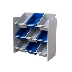3 tier wood kids grey toy storage organizer rack shelf with plastic box for child