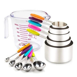 304 Stainless Steel Measuring Cups and Spoons Set and 1 Transparent Plastic Measuring Cup