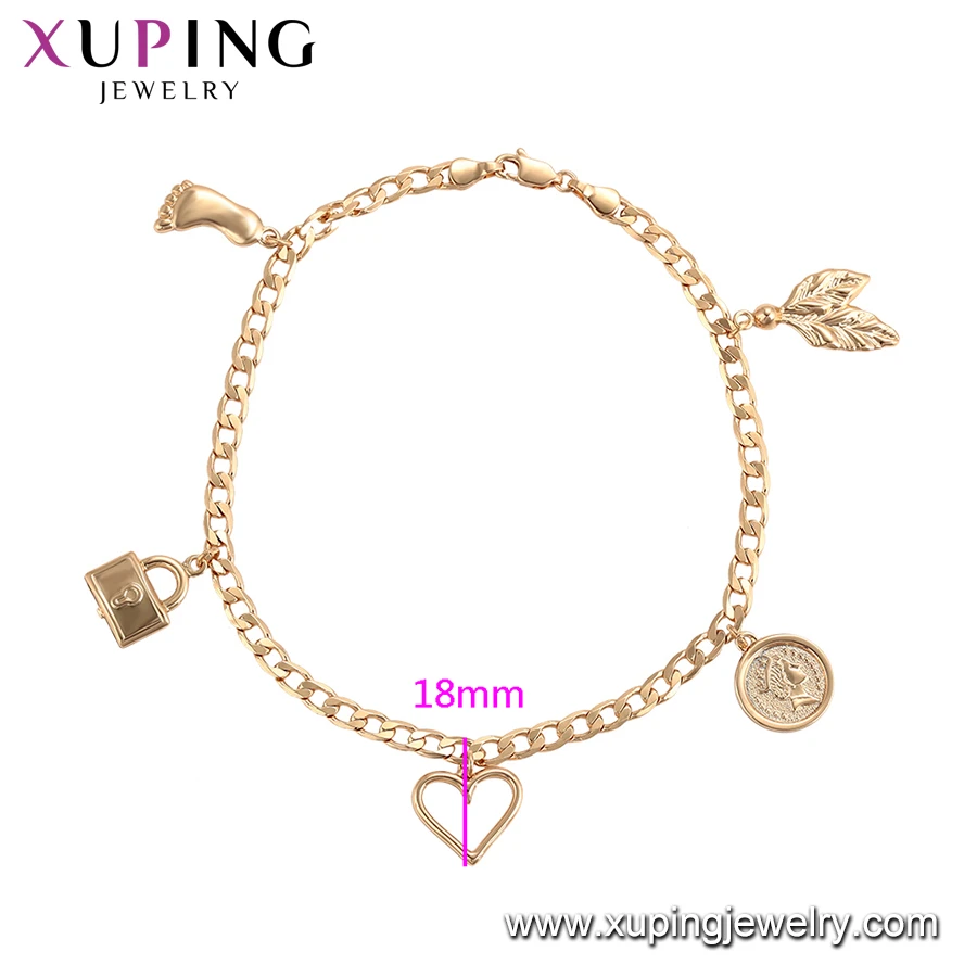77059 C218114 Xuping 18K gold Plated anklet, charms foot bracelet, heart Locks and footprints leaves foot chain