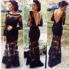 Black backless embroidered lace women wear party elegant ladies evening dress