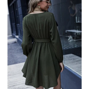 Certified Merchant original design best price dark green casual belt dress midi boho dress