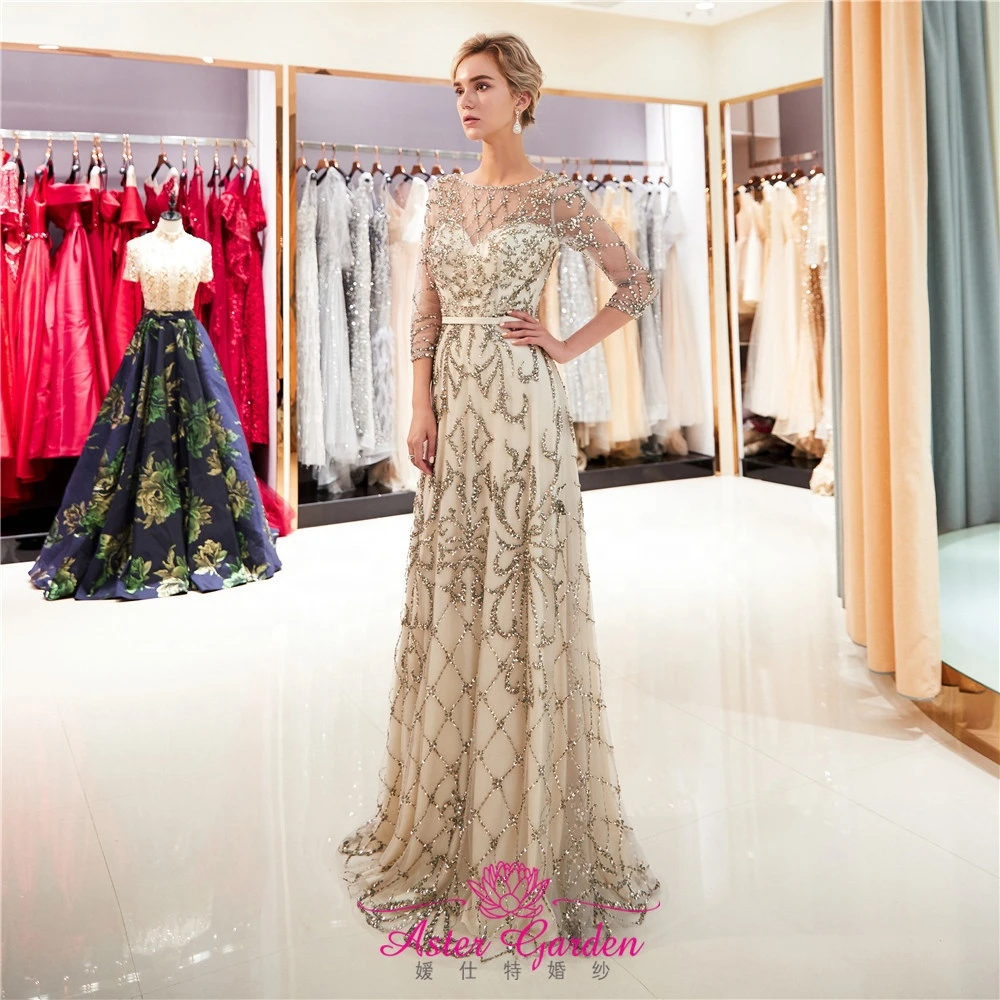 Champagne Evening Dress 2021 half sleeves Crystal Beaded Evening Gown Floor Length Prom Party Gown Robe de Soiree 2021  PE25
