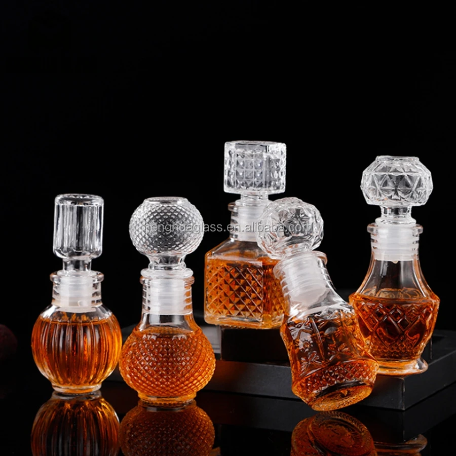 custom Embossing 50ml mini glass liquor bottles clear  whiskey glass bottle brandy spirit vodka bottle with glass cap