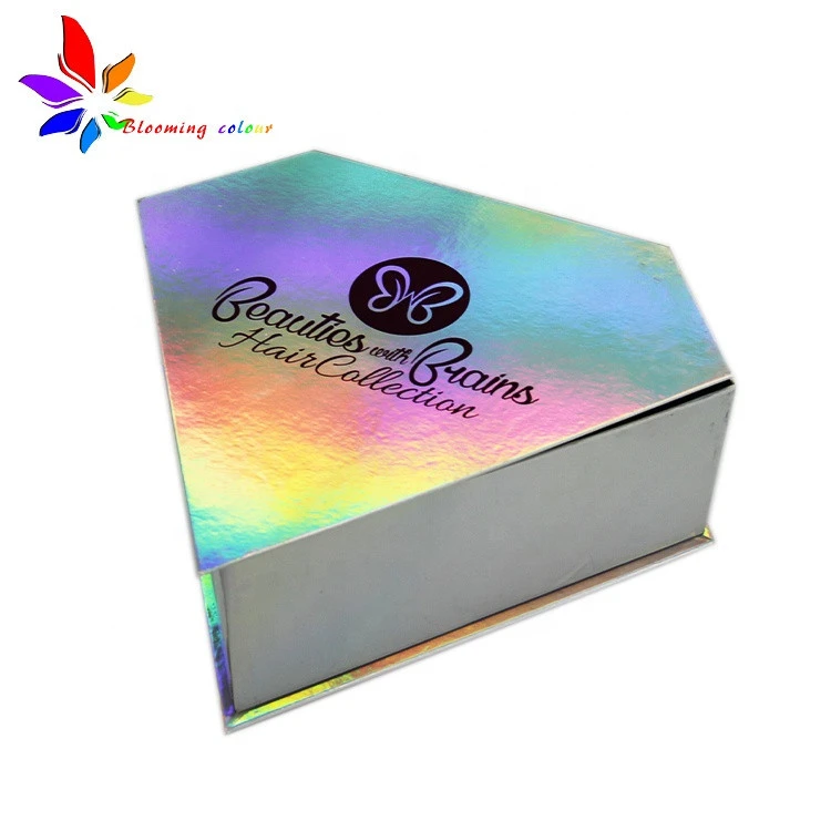 Custom holographic wig package box private label diamond shape virgin hair extension packaging boxes