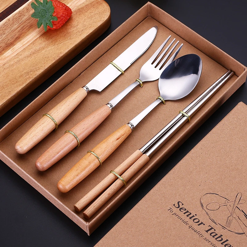 Custom Packaging Eco Friendly Stainless Steel Fork Spoon Set Utensils Flatware Wooden Handle Cutlery