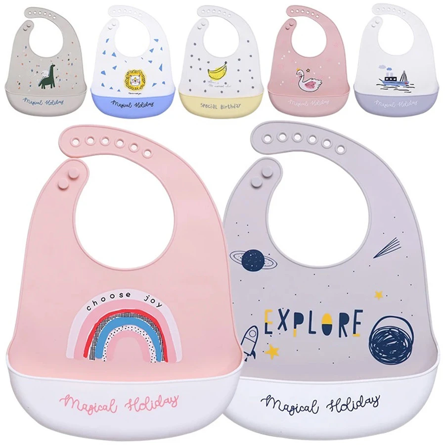 Customized Printed Logo Multi Colored Soft Foldable Silicone bib baby Easy to Clean Waterproof feeding bibs