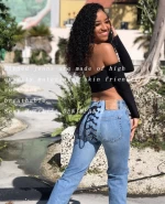 denim pants full length new female slim fit all-match trend creative back contrast eyelet fashion jeans trousers