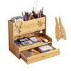 DIY Pen Holder Box Bamboo Wooden Stationery Desktop Drawer Office Organizer with Phone Holder