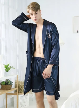 Dropshipping New Arrival Silk Man Pajama Two Pieces Bathrobe And Shorts Nightwear Satin Men Robe Bathrobe For Men