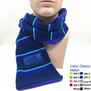 DST122 Low MOQ Acrylic double layer kids knitted scarf with polar fleece backside and Custom embroidered logo