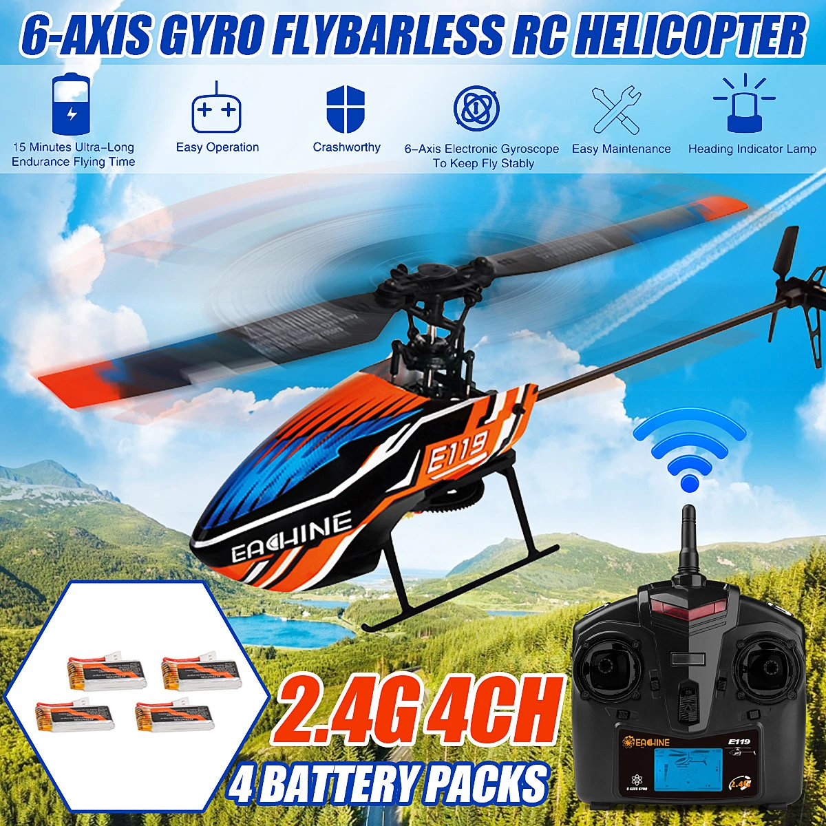 Eachine E119 2.4G 4CH 6-Axis Gyro Flybarless RC Helicopter RTF 3pcs 4pcs Batteries Version