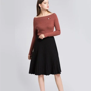 Elegant autumn casual knee length stylish knitting pleated skirt
