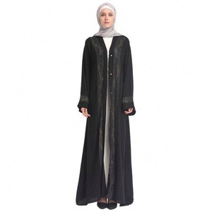 Fashionable Muslim Women Plus-Size Long Sleeve Maxi Dress Islamic Clothing Abaya stone work black Dubai open Abaya