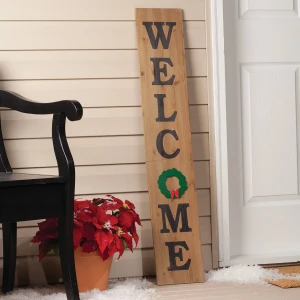 Folding Wooden Welcome Sign Including 10 Interchangeable Holiday Painted Plaques with Magnets for Front Door Decor