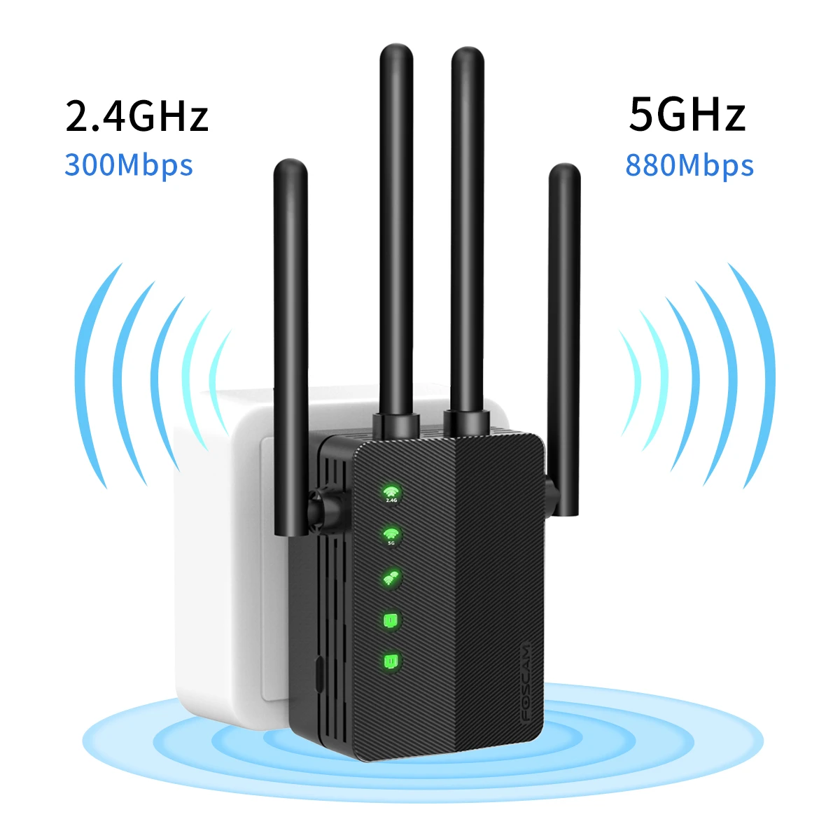 Foscam 2.4Ghz&amp;5Ghz Wifi Repeater Range Extender Signal Booster 1200mbps Black