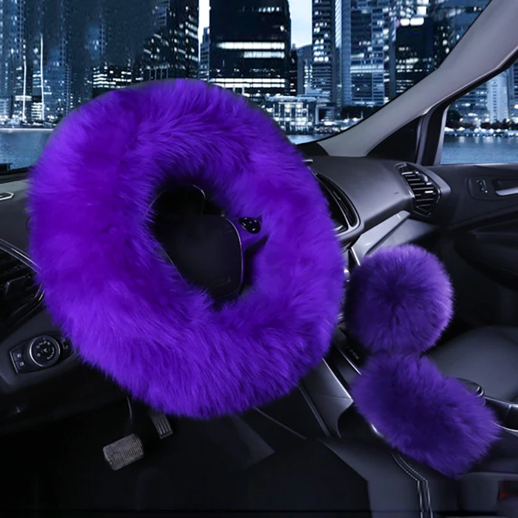 Girly Multi Color Fluffy Car Fuzzy Real Fur Automotive Furry Steering Wheel Cover Set for Women
